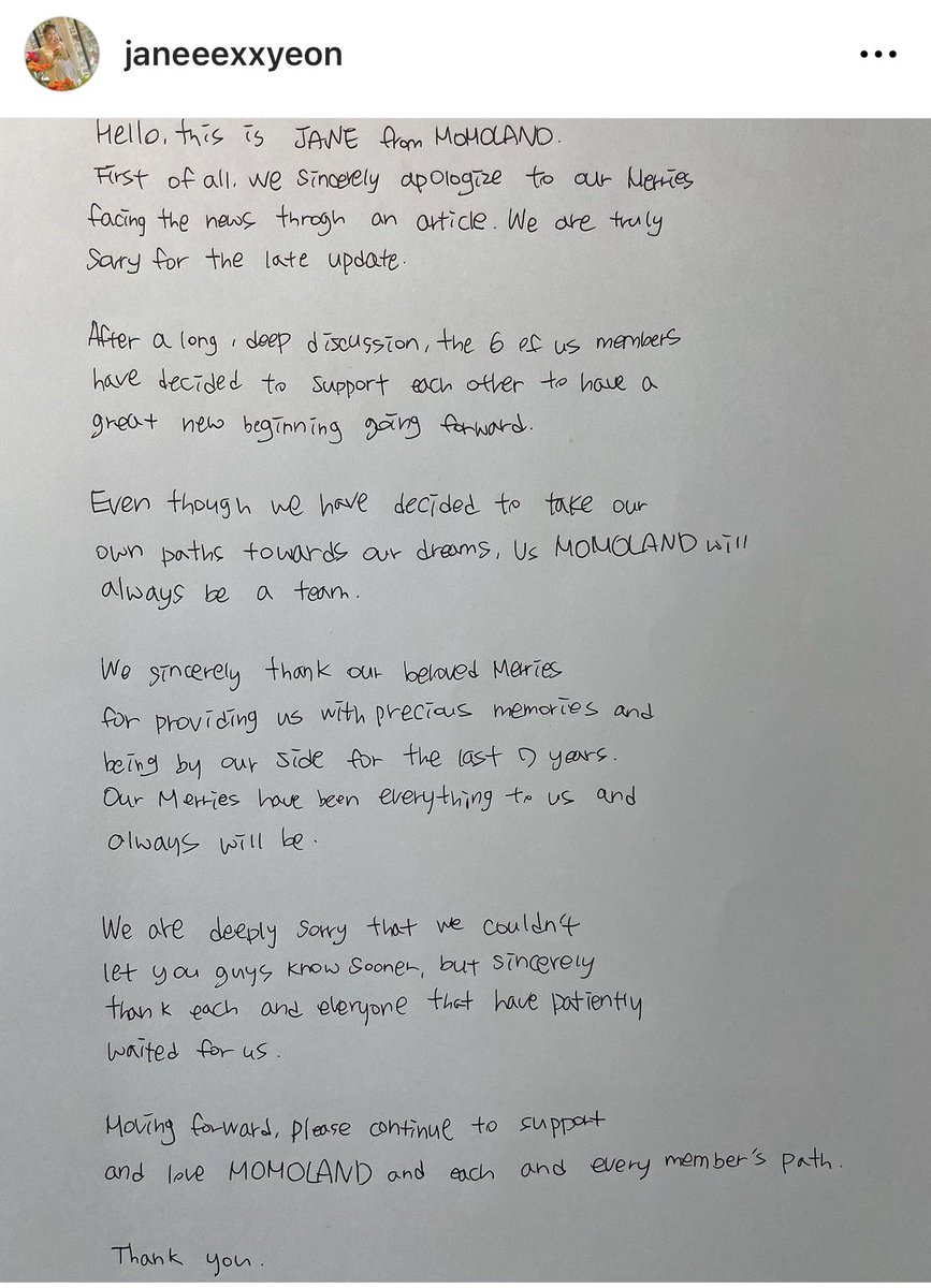 usamijanes's tweet photo. so momoland have officially disbanded and all members decided on following their own path…
here are their individual letters to merries :( 

#ThankYouMomoland https://t.co/fZRXePcjHT