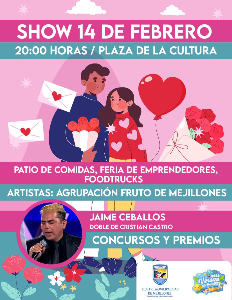 Hoy conmemoramos el día del amor y la amistad.
Ven a disfrutar la mejor música con el doble de Cristián Castro, Jaime Ceballos y los artistas locales Frutos de Mejillones .
Te esperamos este 14 de febrero en la Plaza de la Cultura (sector Capitanía de Puerto) a las 20:00 horas.