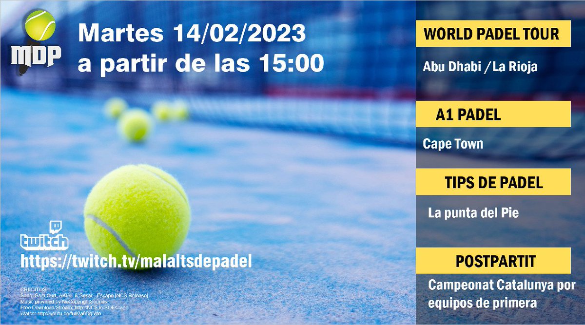 MalaltsdePadel's tweet photo. Nuevo directo en @TwitchES hoy a a las 15:00 desde @mataroradio
Toda la actualidad del #padel condensada en 1 hora
➡️#A1PadelPaySpaceCapeTownMaster2023
➡️#WPTAbuDhabiMaster
➡️ @premierpadel
#tipsdepadel y mucho más
Os esperamos
https://t.co/dq34Q4Hzj9 https://t.co/i4WkOfS7nX