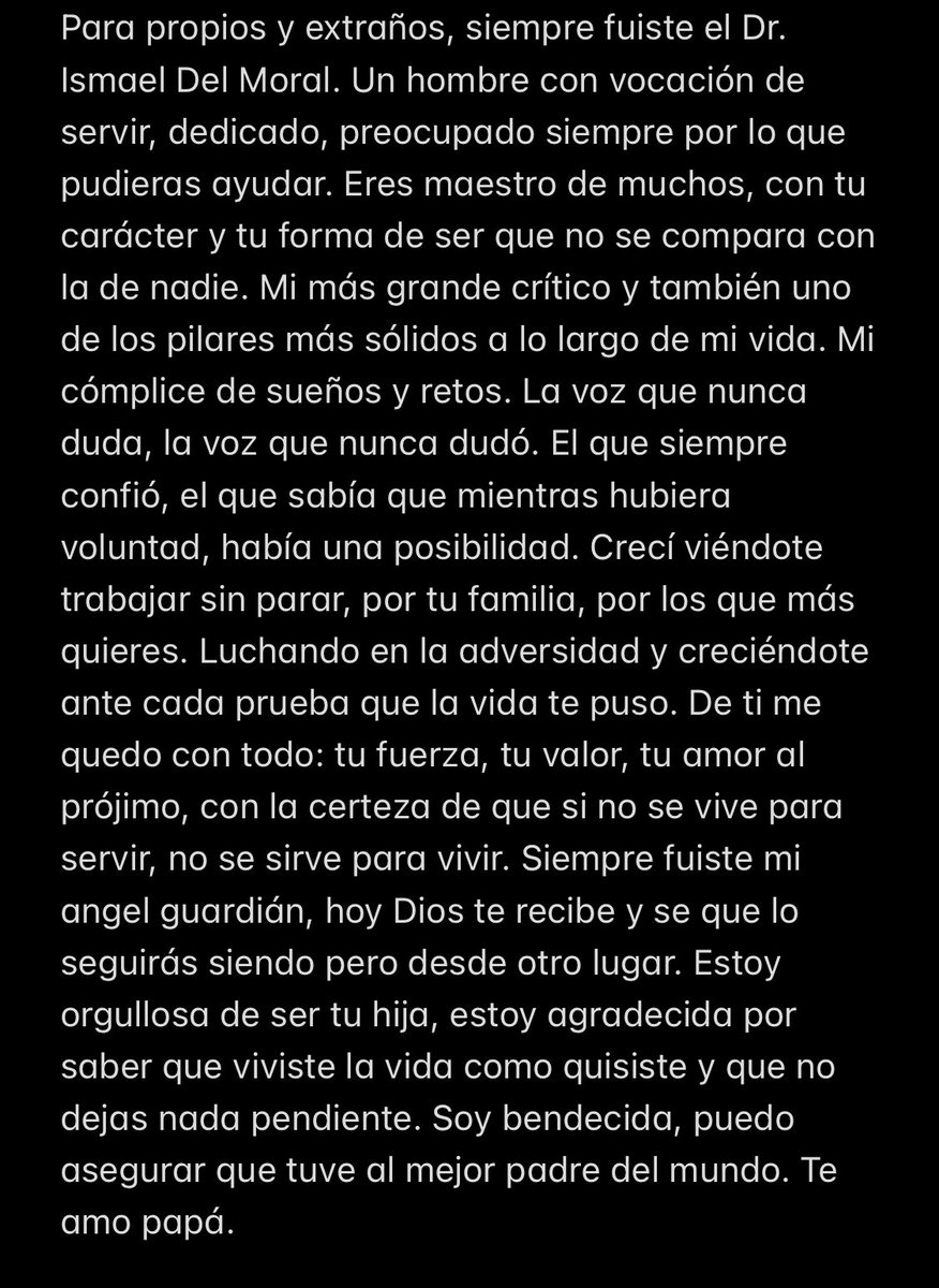 AlejandraDMV's tweet photo. Estoy orgullosa de ser tu hija, estoy agradecida por saber que viviste la vida como quisiste y que no dejas nada pendiente. Soy bendecida, puedo asegurar que tuve al mejor padre del mundo. Te amo papá. https://t.co/JpOn0Whfnf