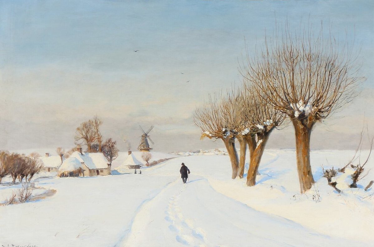 Hans Andersen Brendekilde (1857 - 1942): 'A Snowcovered Landscape with a Man Walking along a Country Road edged with Pollard Willows,' oil on canvas, 61 x 91 cm.