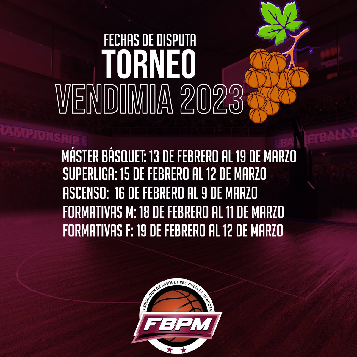 TORNEO VENDIMIA🍇
Esta semana se da comienzo a la actividad en Superliga de ambas ramas, Nivel 1 y 2, y categorías Formativas 💪. 

La premisa para esta edición es formatos atractivos para protagonistas y público, y buena cantidad de partidos 🏀.

fbpm.com.ar/2023/02/14/el-…