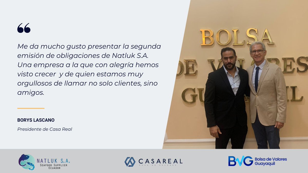 RealCasaValores's tweet photo. Ayer celebramos el #ToqueDeCampana de Natluk S.A. con la Bolsa de Valores Guayaquil. Estamos muy orgullosos de ser parte de esta segunda emisión de obligaciones!

#BVG #bolsadevaloresguayaquil #ToqueDeCampanaBVG #CasaReal #casadevalores https://t.co/2YPLdyfhu1