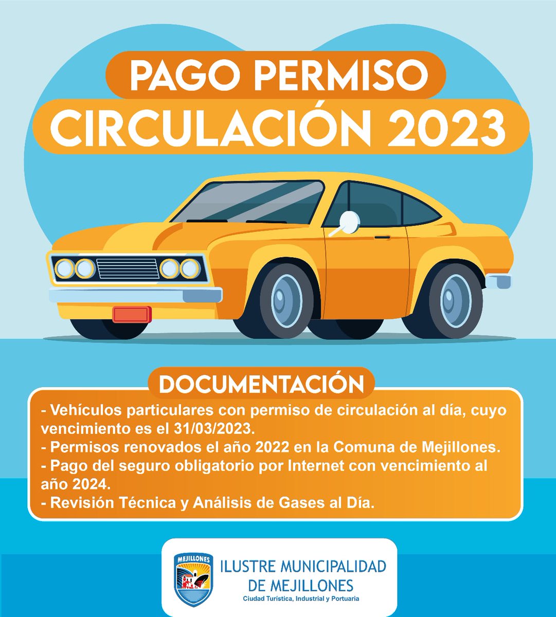 📢Te recordamos que ya se encuentra habilitado el pago de permiso de circulación online 2023 🚘

✅Ingresa a mejillones.cl , haz click en el banner y sigue los pasos 💻👈🏻.