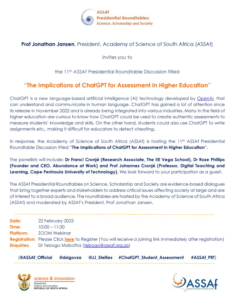 ASSAf_Official's tweet photo. Curious to know about ChatGPT? Join ASSAf President @JJ_Stellies on 22 Feb for a discussion on the implications of ChatGPT for assessment in #HigherEducation. For more info &amp; to register, click here: https://t.co/pYurJ6UyP9 #chatbot #AI @OpenAI @Drtebogomabotha https://t.co/1QsNMnOH9d