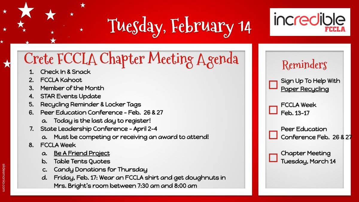 This is just a friendly reminder that we have our FCCLA chapter meeting today (Tuesday, February 14th) during Cardinal Time (you will eat B lunch)!