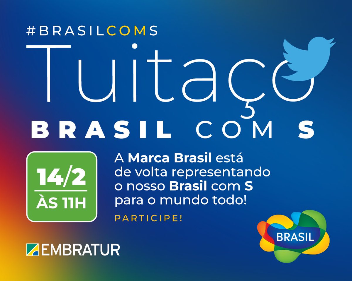 EmbraturBrasil's tweet photo. VAI COMEÇAR JÁ JÁ! Daqui a pouco, às 11h, vai acontecer o tuitaço BRASIL COM S! Hoje a gente retoma a nossa querida Marca Brasil e vamos mostrar a importância dessa marca para a imagem do nosso país no exterior! Participem! 🇧🇷🥳 https://t.co/t6KoeqhjxI