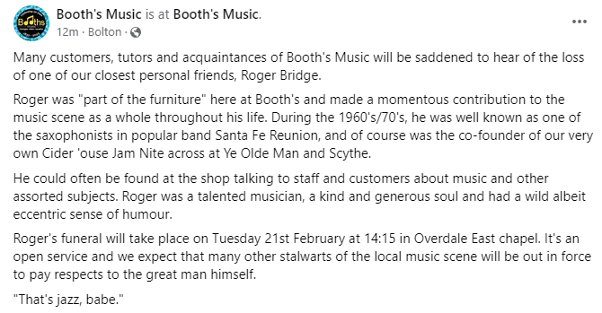 BoothsMusic's tweet photo. Roger's funeral will take place on Wednesday 21st February 2023 at Overdale east chapel, 14:15. https://t.co/RuvjVbqNT6