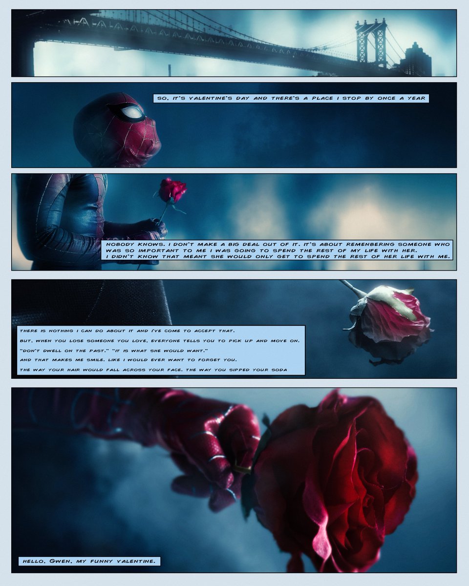 1998Wens's tweet photo. Spider-Man Blue 🥀

Today is Valentine’s Day, and every year Peter Parker passes by the bridge to leave a rose for Gwen. https://t.co/2th1hUJ5I4