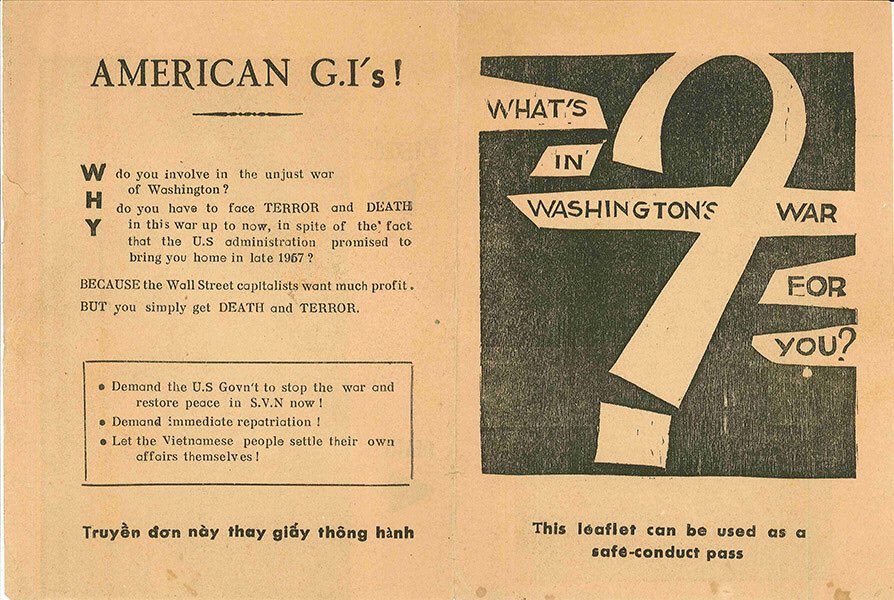 repliesengager's tweet photo. @PeasantSalad @YannisEmpanada DPRK during the Korean War used propaganda to entice american soldiers (especially Black soldiers) to defect. here’s a pic of some vietnamese war propaganda directed at american soliders. do some reading and, i cannot emphasize this enough, touch grass https://t.co/qFwCnxwf4K