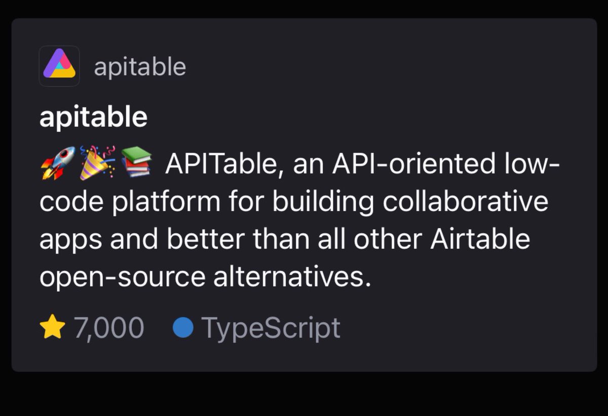 kellypeilinchan's tweet photo. The 50th day after open-source and the 7000th Github star. @apitable_com
#APITable https://t.co/fGZ3MRvSZ4