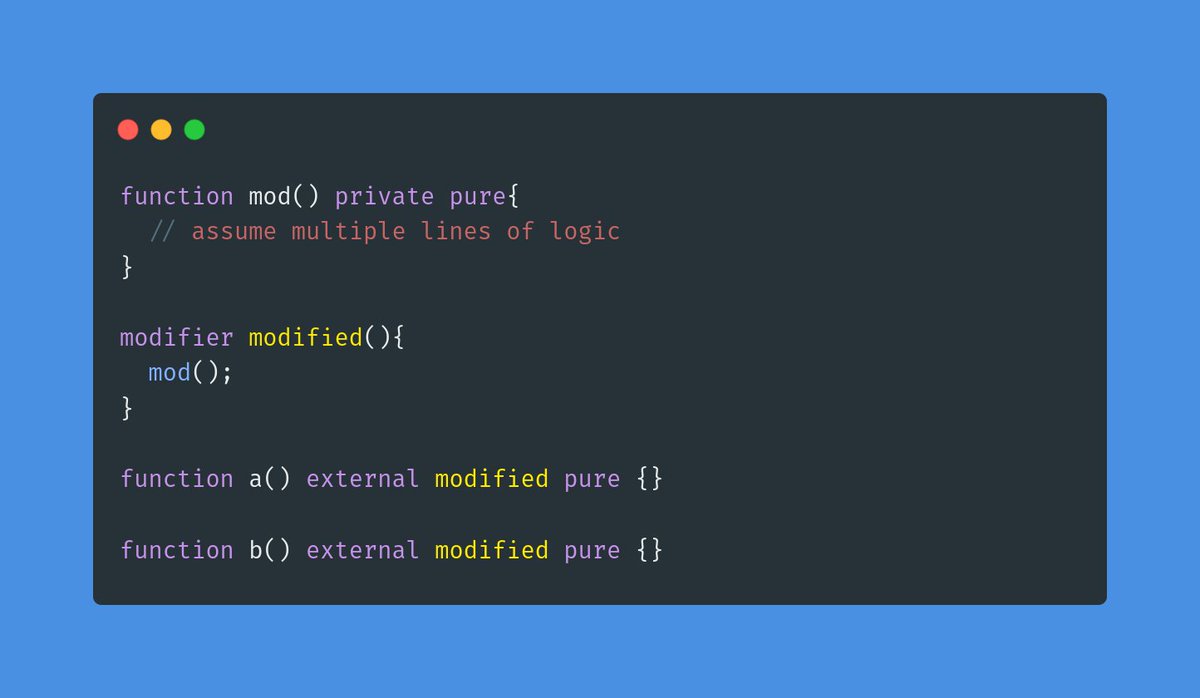 0xmonsoon's tweet photo. when you add a modifier to functions, the entire code of the modifier gets copied in all the functions.

its more gas efficient to implement the logic of the modifier in another function and call it from inside the modifier. https://t.co/MlKOcaDveU