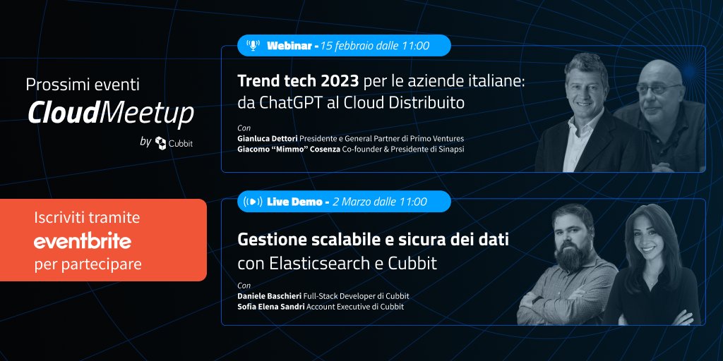 _cubbit's tweet image. 🚀 Non perderti i nostri prossimi eventi!

1) 𝐖𝐞𝐛𝐢𝐧𝐚𝐫: “Trend tech 2023 per le aziende italiane: da ChatGPT al Cloud Distribuito” 👉 bit.ly/webinar-techtr…

2) 𝐋𝐢𝐯𝐞 𝐃𝐞𝐦𝐨: “Gestione scalabile e sicura dei dati con Elasticsearch &amp;amp; Cubbit” 👉 bit.ly/demo-elasticse…