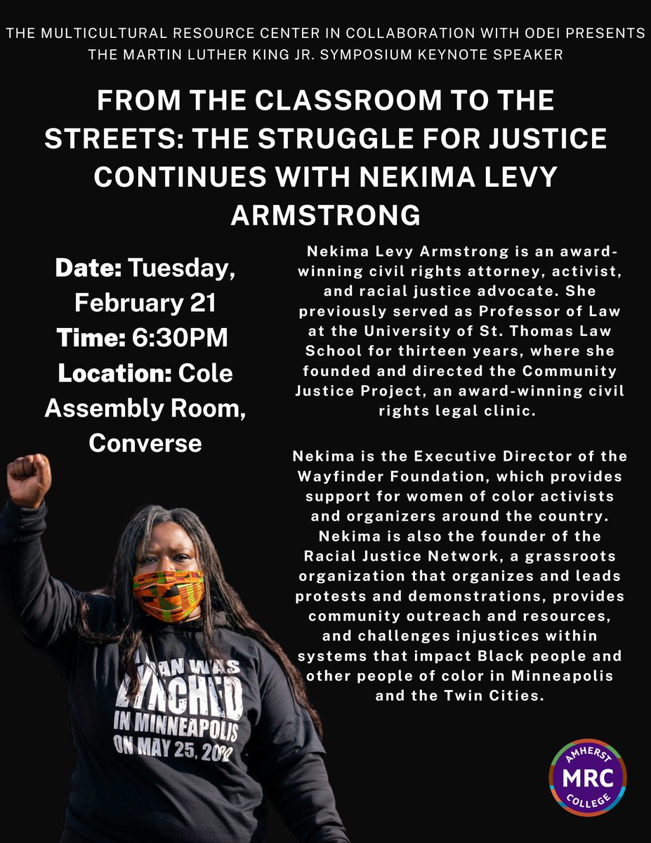 In observance of #BlackHistoryMonth, join us on Feb. 16 for an alumni panel reflecting on the legacy of the #AmherstUprising and on Feb. 21 for a keynote event with civil rights attorney and activist Nekima Levy Armstrong. bit.ly/3I8PnqS