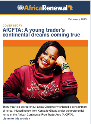 africarenewal's tweet photo. Our February newsletter is out. Where we talk about:

➡️1st-ever #AfCFTA preferential terms trade
➡️Impact of the Russian/Ukraine on #Africa, 1 yr later 
➡️Pledge to end #AIDS in children by 2023

Grab a copy &amp; subscribe ⤵️
https://t.co/GXYvE7PFVM
#OneAfricanMarket, #EndHivAids https://t.co/ixxYHFXEt0