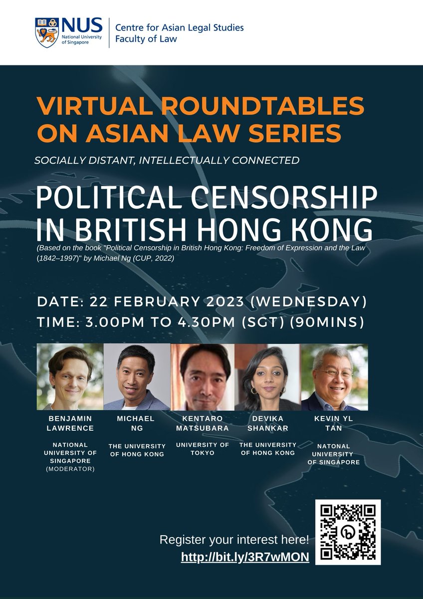CALS_NUS's tweet photo. [CALS] Virtual Roundtable "Political Censorship in British Hong Kong" 22 Feb 2023, 3.00pm-4.30pm (SGT)
Register here (Zoom): https://t.co/Kz9TaGpzFH
Get the book: https://t.co/uRBcUBFduB (Discount Code: PCBHK2022)

#calsnus #politicalcensorship #BritishHongKong #virtualroundtable https://t.co/fi6cio8KT5