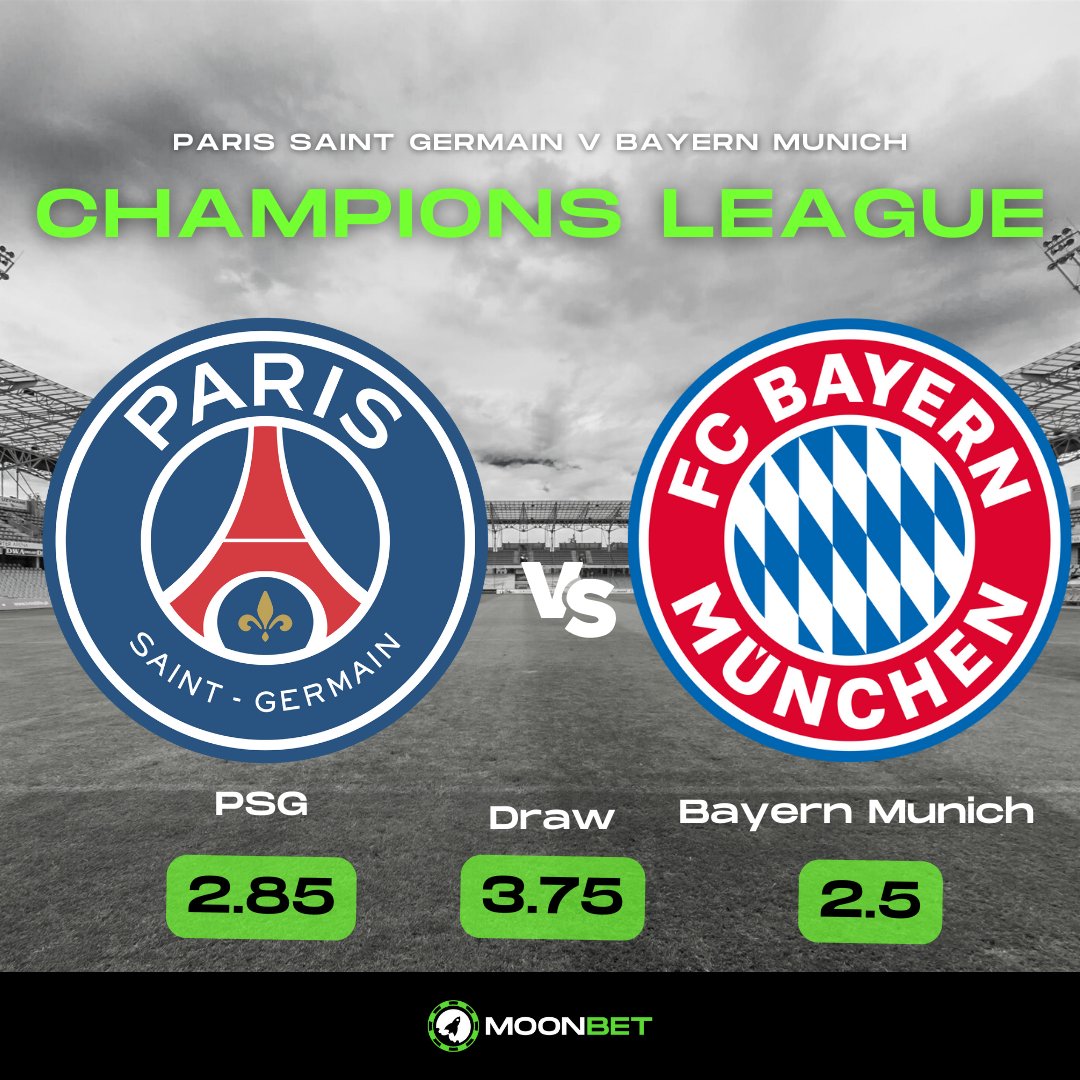 MOONBETofficial's tweet photo. #UCL action is back, PSG (2.85) 🆚 Bayern Munich (2.5)
💥Over 3.5 (2.46)
💥BTTS (1.49)
1st goal
🇫🇷 #PSG (2.03)
🇩🇪 #FCBayern (1.91)
Think you've found a winner? 🧐😁
💰Bet on 100+ markets now: https://t.co/YSLE9Wkh89
#PSG_English | #FCBayernEN https://t.co/lz1HpreOhc