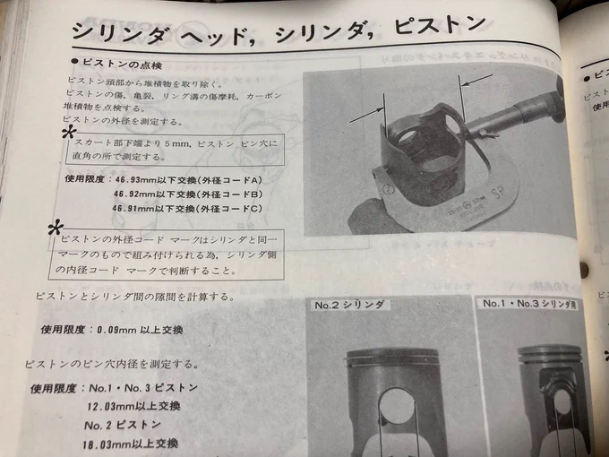 マイクロメーターを買ったのでMVXのピストン測定。どうやら外形コードA/Bが混じって組まれてるっぽい。#1と#3は規定内だけど#2はC下限値以下だなぁ。 