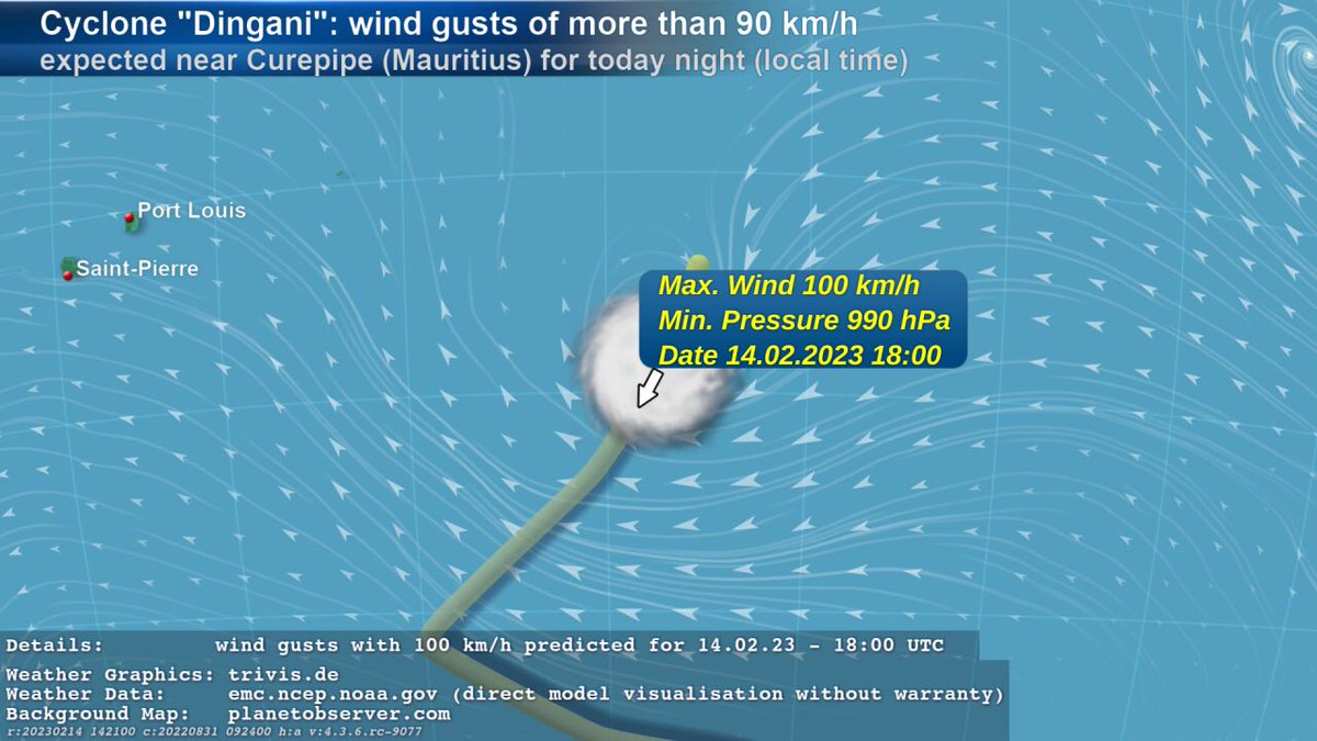ASKMeteo's tweet photo. We also follow Cyclone "#Dingani". EMC GFS data contains #weather of type "#StrongWind" with wind gusts of more than 90 km/h near #Curepipe (#Mauritius) for today night given in local time. The wind gusts with 100 km/h are expected for 14.02.23 - 18:00 UTC. https://t.co/iPcMTp5cMC