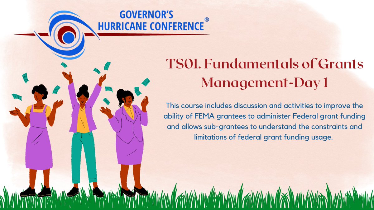 FloridaGHC's tweet photo. TS01 . Fundamentals of Grants Management
FEMA grantees & sub-grantees will learn the rules of grant management and what it takes to apply for & manage a grant
Register for training classes here https://t.co/fzjy8NNKD9
#GHC2023 #GHCSuccess #FEMA https://t.co/WTdpyHbmql