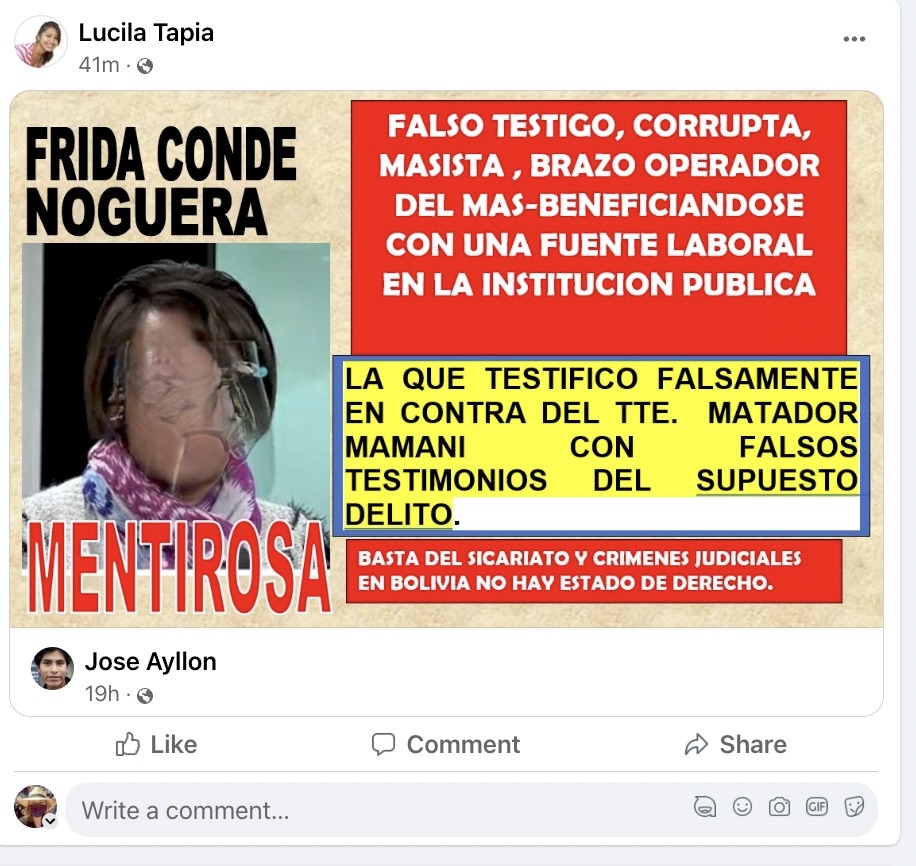 AndeanInfoNet's tweet photo. Amenazan a testigos, familiares y el juez en el caso Pedregal, después de la detención preventiva del "Matador'" Mamani por asesinar a residentes  en 2019.  Guadalupe Cárdenas sacó esta foto de Yola Poma cuando fue a su trabajo para amenazarla. #Bolivia. Favor difundir. https://t.co/w4PiliH5qI