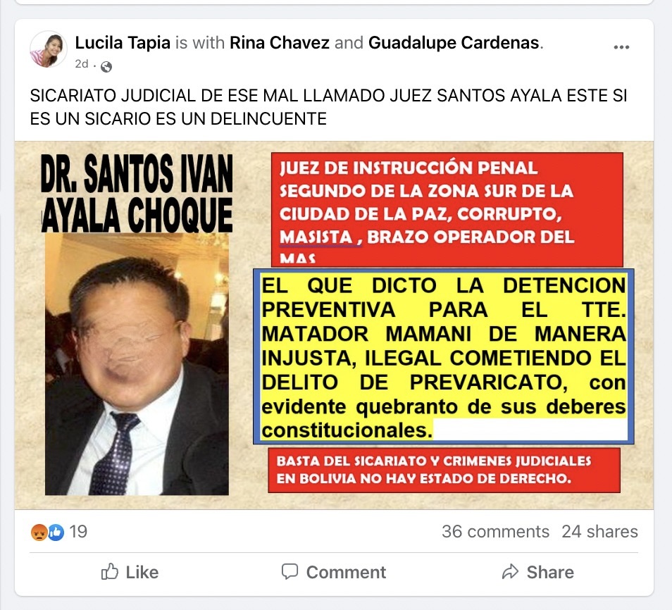 AndeanInfoNet's tweet photo. Amenazan a testigos, familiares y el juez en el caso Pedregal, después de la detención preventiva del "Matador'" Mamani por asesinar a residentes  en 2019.  Guadalupe Cárdenas sacó esta foto de Yola Poma cuando fue a su trabajo para amenazarla. #Bolivia. Favor difundir. https://t.co/w4PiliH5qI