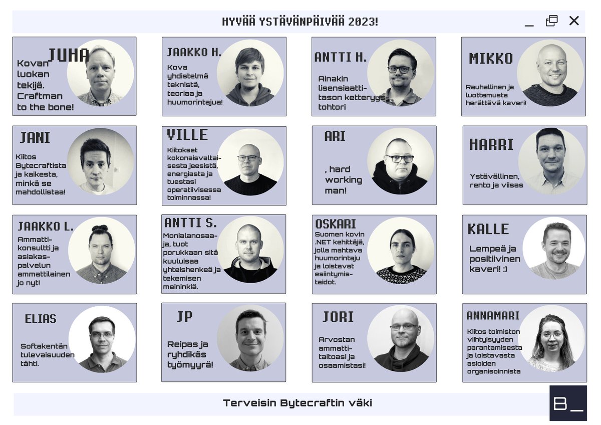 BytecraftOy's tweet photo. Hyvää ystävänpäivää asiakkaille ja kumppaneille Bytecraftin väen toimesta!

Kokosimme tänä vuonna ensimmäistä kertaa kehuja kollegoilta kollegoille. 

Kuvassa ote korteista, joita jokainen saimme.

Kiitos ideasta Kalle ja toteutuksesta ja meille sovittamisesta Annamari! https://t.co/MX6AfU3xK2