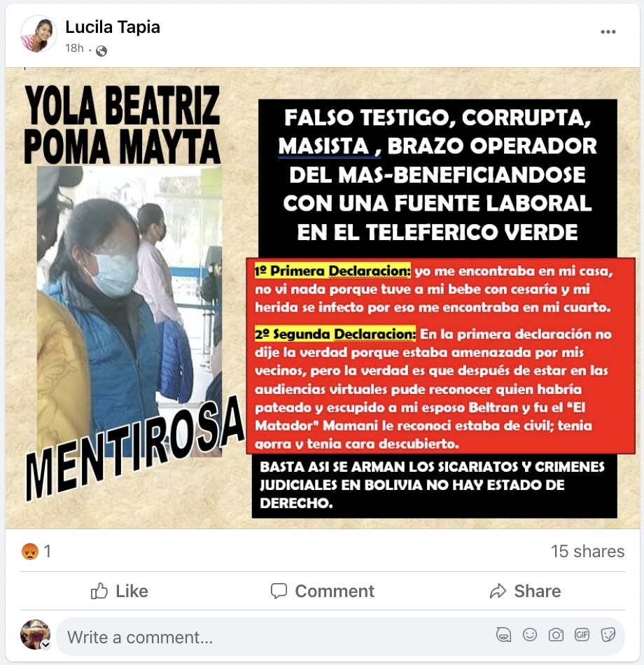 AndeanInfoNet's tweet photo. Amenazan a testigos, familiares y el juez en el caso Pedregal, después de la detención preventiva del "Matador'" Mamani por asesinar a residentes  en 2019.  Guadalupe Cárdenas sacó esta foto de Yola Poma cuando fue a su trabajo para amenazarla. #Bolivia. Favor difundir. https://t.co/w4PiliH5qI
