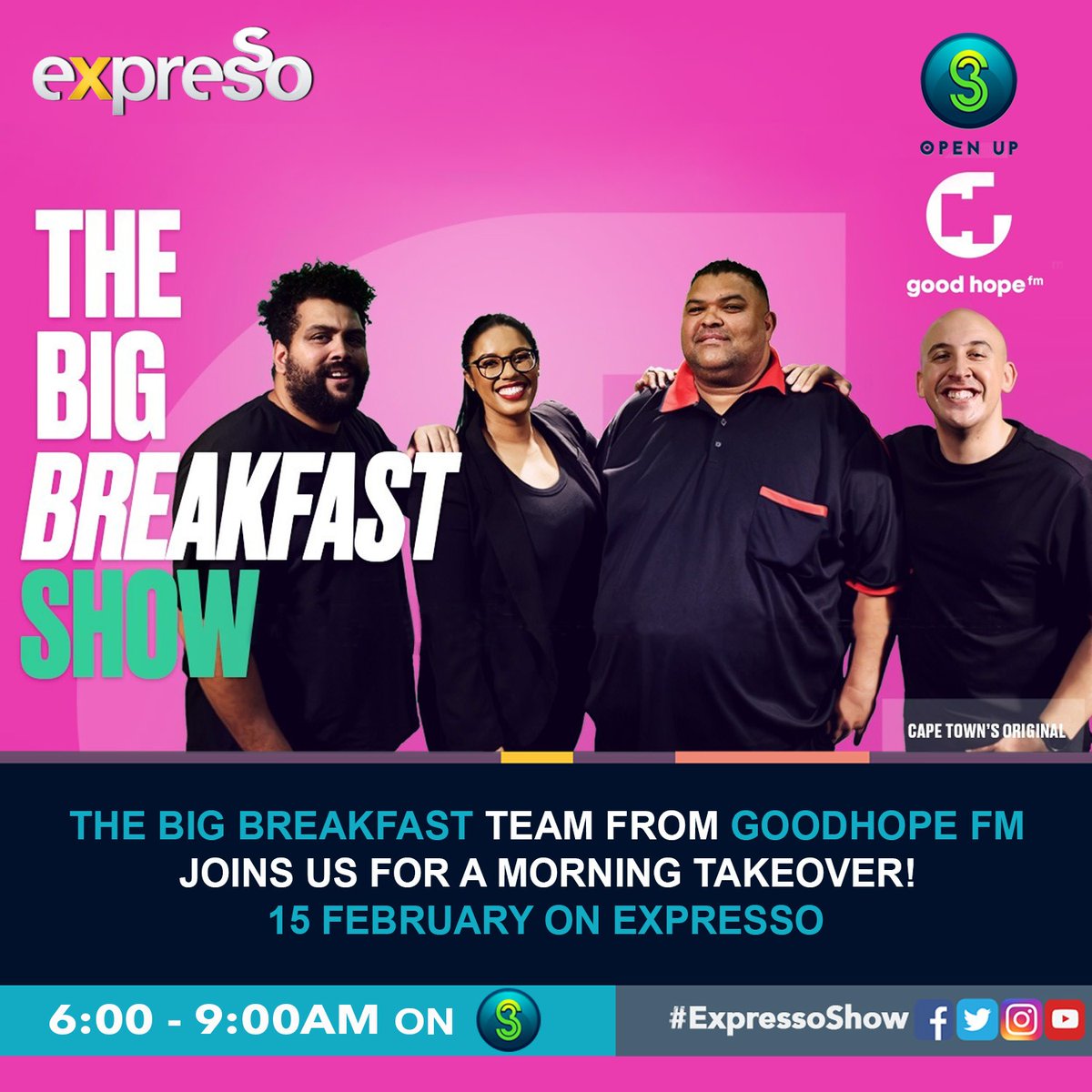 GoodHopeFM's tweet image. Catch #TheBigBreakfast Team with @bigstanmars  on @expressoshow tomorrow morning from 06:00 on @SABC3 as they broadcast live.

Catch all the fun and the story behind #CapeTownsOriginal radio station, as we are the original and you are part of it!