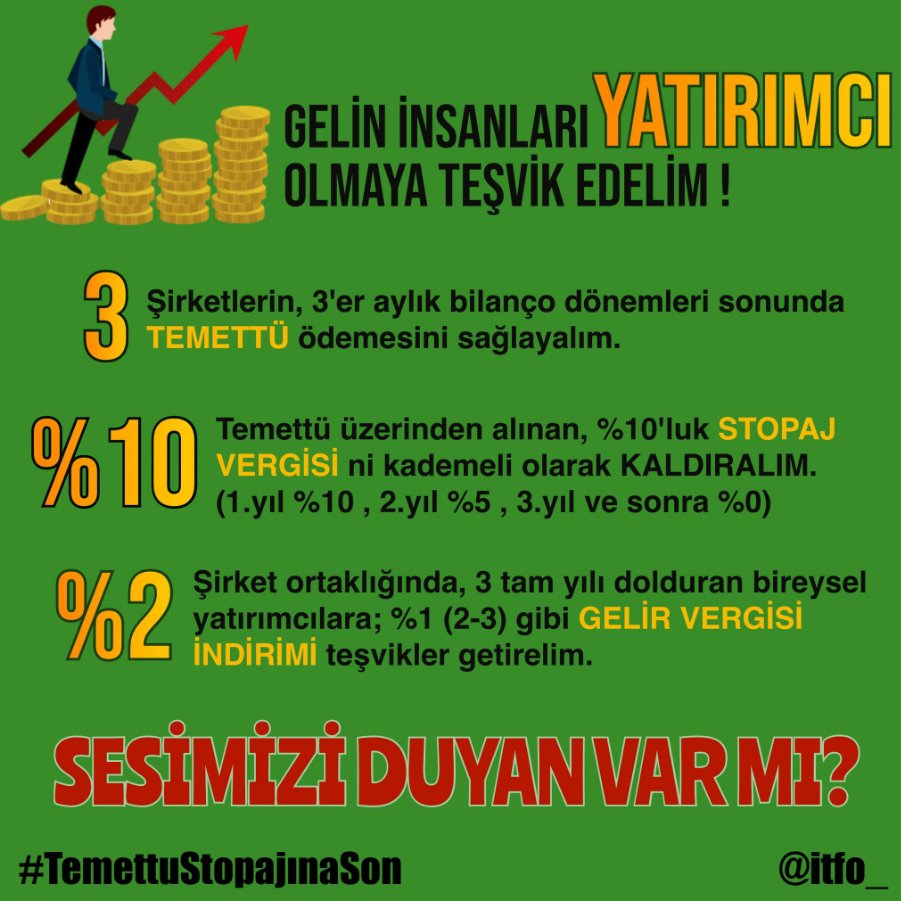 Borsada sağlıklı işleyişi ve yatırımcıların kalıcı olmasını sağlamak için, sabırlı ve sakin yatırıma teşvik gerekir. Temettü ödemelerindeki stopajın sıfırlanması bunu destekleyecektir. #TemettuStopajinaSon