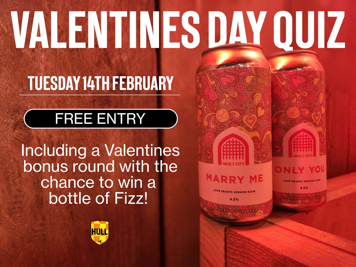 Brewdogbarhull's tweet photo. Get down to the Quiz on the 14th for the chance to win a £50 bar tab and a free bottle of Fizz! Book a table through our bio...❤️
#Quizmas #Valentines #BrewDogHull https://t.co/0ZF1y6g7LL