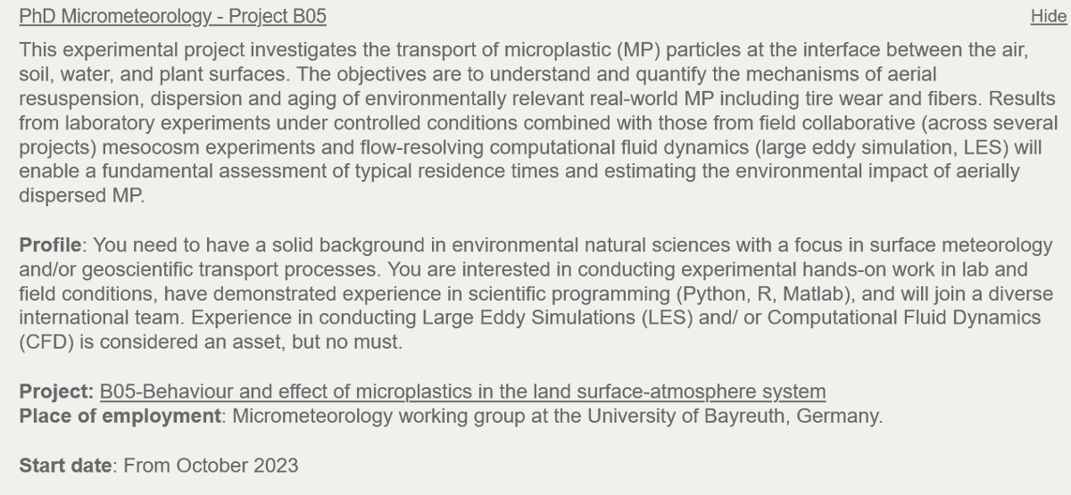 SFB1357's tweet photo. PhD Call 2023! The #micrometeorology group @unibt offers a #PhDposition on the atmospheric transport of microplastic particles. Start of the position Oct 2023 - Apply now! https://t.co/4pthdATHN1 https://t.co/909xEVcgmz