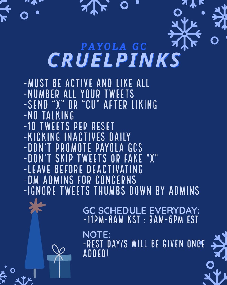 CRUELPINKS's tweet image. 🚨RECRUITING FOR CRUELPINKS ACTIVE PAYOLA PROMO PLUG GC🚨

⁃RT and REPLY 
-TAG 2 MOOTS
⁃MUST follow admins: @CRUELPINKS @jisoozion @jisoobrittana
⁃Daily kicking ias
-70+ likes guaranteed (we check)
-fandom/fanwar tweets allowed 
-easy cu 
-STRICTLY for actives only!