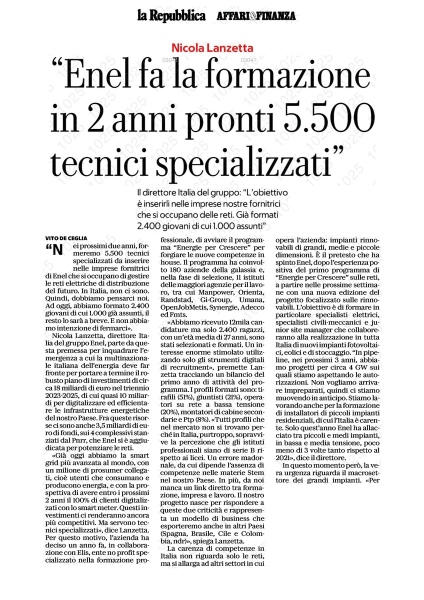 EnelGroupIT's tweet photo. Una rete smart richiede competenze digitali e un bacino di tecnici specializzati per la #transizioneenergetica: con Energie per Crescere, creiamo opportunità di #lavoro per le nuove generazioni. Scopri di più su @repubblica 👇@centroELIS #EnelOpenSchool @starax  @nicolalanzetta https://t.co/r2E2D3OJHp