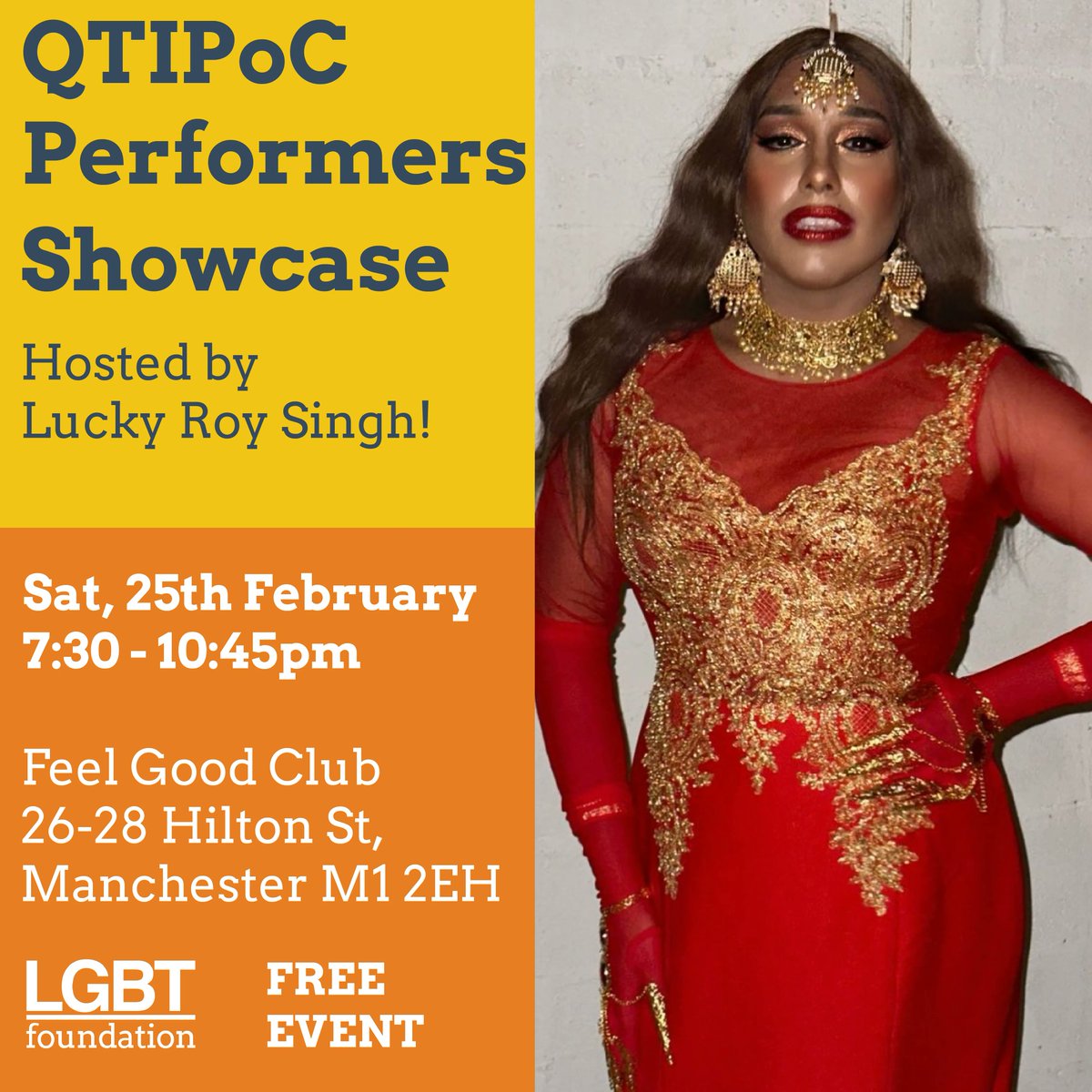 Join us for an evening of exceptional performances by LGBT+ People of Colour 🌈 

Your host @luckyroysingh will introduce you to a collection of performers who will regale you with poetry and drag 💗 

Tickets going fast! Available here 👉 bit.ly/40Od5A6