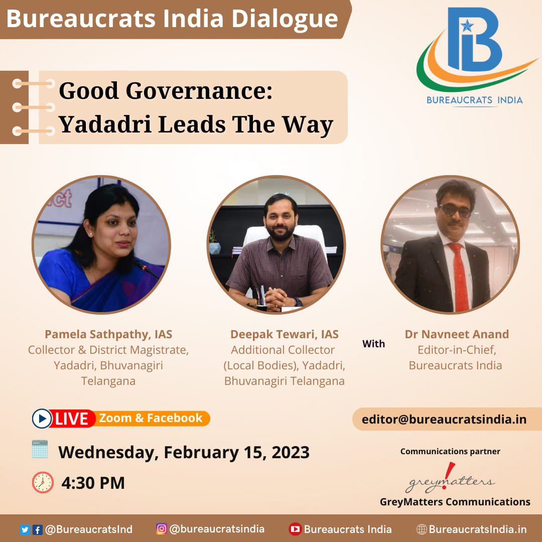 DCsofIndia's tweet photo. #BIDialogue

Yadadri DC Pamela Sathpathy, IAS &amp; ADC Deepak Tewari, IAS will join a conversation with @navneetanand, Editor-in-chief, @BureaucratsInd on Feb 15; 4:30 pm onwards.

Registration link: https://t.co/z1yW9g9YmN

@Collector_YDR @TelanganaCMO @PamelaSatpathy @ACLB_Yadadri https://t.co/olMTwuvBKk