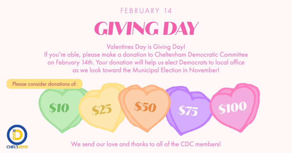 CheltDems's tweet photo. It's Giving Day!

Please consider making a donation to the CDC and help us get democrats elected to office come this November! 

You can donate online at https://t.co/cJMtPfxGVJ or via check and make payable to Cheltenham Democratic Committee, 300 Maple Ave Wyncote PA 19095. https://t.co/m4QnnGG7jI