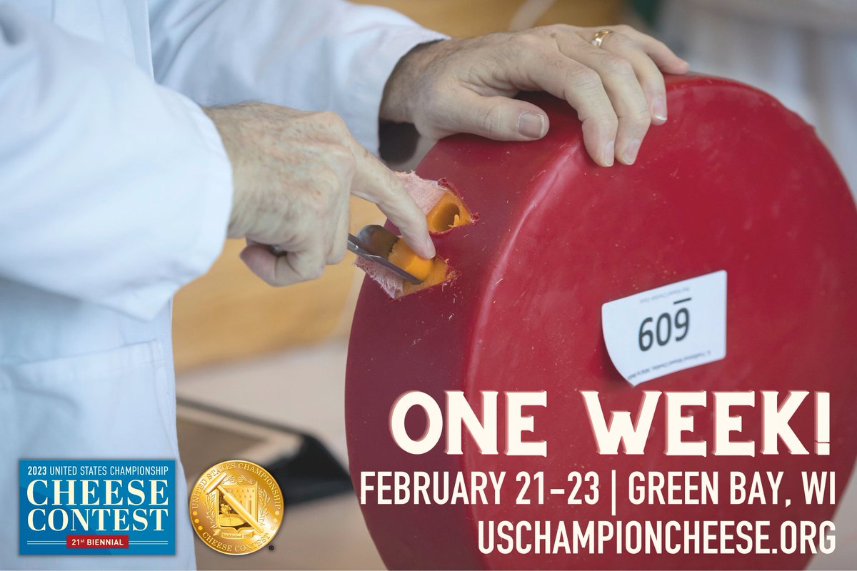 cheesecontest's tweet photo. Just one week remains until the first day of the 2023 U.S. Championship #CheeseContest! Join us at Resch Expo in Green Bay February 21-22 and follow along on social media as we share all the action. https://t.co/QTUE82DAtM