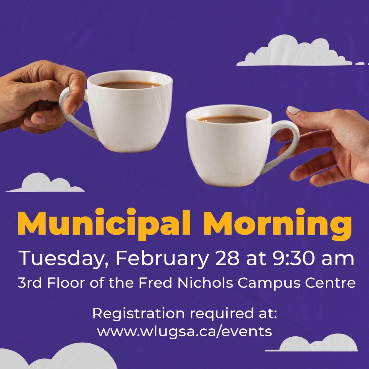 Get to know and network with your City of Waterloo councillors and staff over breakfast!  On Tuesday, February 28 at 9:30 am, the GSA and the Students' Union are hosting Municipal Morning. For more information and to register visit: wlugsa.ca/events
