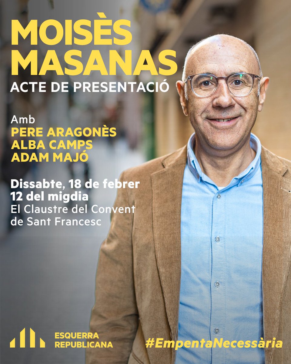 🟡🗣️ Vine a la presentació de Moisès Masanas, candidat a l'alcaldia de #Berga per <a href="/Esquerra_ERC/">Esquerra Republicana</a>

📆 Dissabte, 18 de febrer
⏰ A les 12 del migdia
📍 El Claustre del Convent de Sant Francesc

👥 Amb <a href="/perearagones/">Pere Aragonès i Garcia</a>, <a href="/RocaCamps/">Alba</a> i <a href="/adammajo/">Adam Majó Garriga</a> 

#EmpentaNecessària