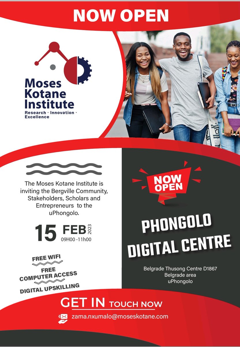 moseskotaneinst's tweet photo. The Moses Kotane Institute invites all interested individuals and members of the community to attend Roadshow campaign at Belgrade Thusong centre, Phongola.
#MKI
#digitalcenter https://t.co/wM4tOYJtWd