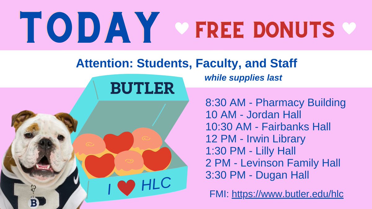 ButlerLib's tweet photo. Today at noon in Irwin Library - free donuts to celebrate the upcoming visit of the Higher Learning Commission on February 27 &amp; 28 - the final stretch towards @butleru's re-accreditation!

For more info about the re-accreditation process: https://t.co/adX9IuRVhz https://t.co/FsVO60VcgE