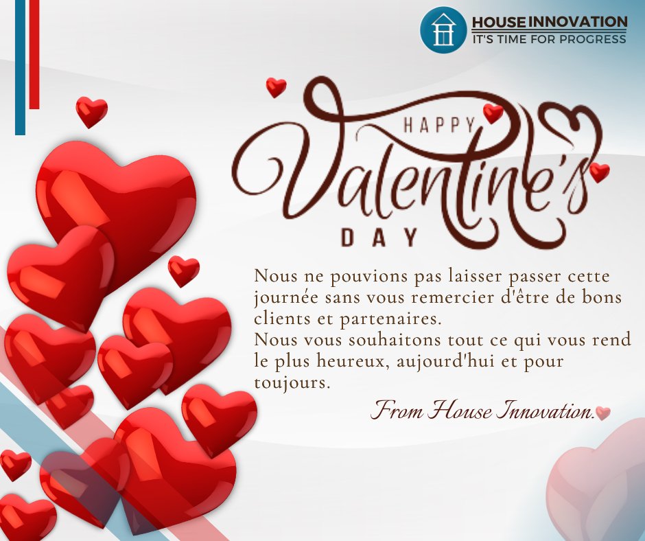 House_INNOV's tweet photo. We couldn't let this day pass without thanking you for being great customers and partners.
Wishing you everything that makes you happiest, today and always.
Bonne Fête de la Saint Valentin à tous et à toutes.
HOUSE INNOVATION
#SaintValentin
#houseinnovation
#itstimeforprogress https://t.co/ivfzeuUQOa