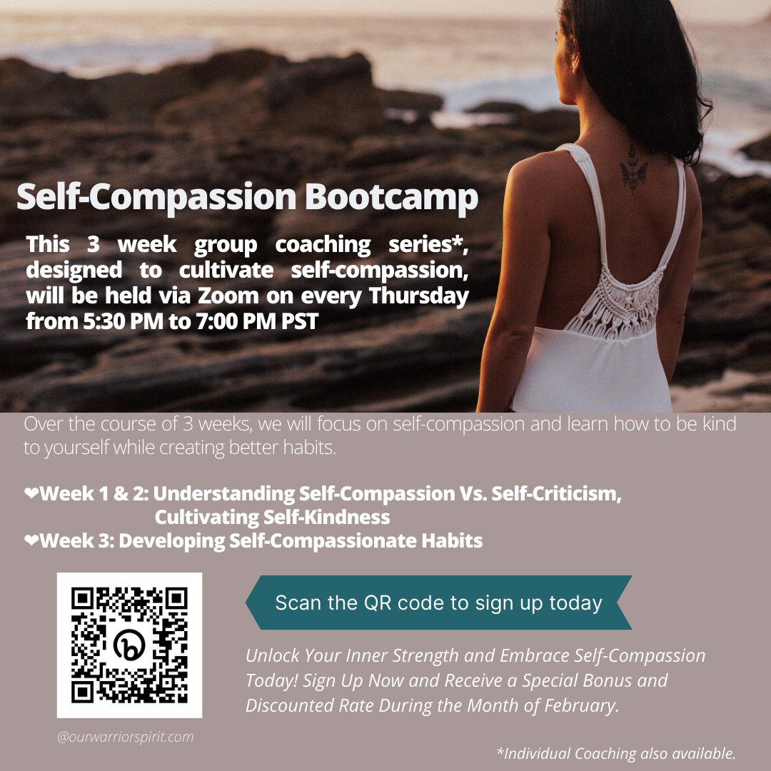 RainaMurray22's tweet image. Are facing difficulties &amp;amp; a stressful time in your life? Join us @ to develop greater self-awareness, reduce self-criticism and negative self-talk, and increase self-kindness and compassion.
Scan the QR Code to register today.
#rwarriorspirit #selfcompassion