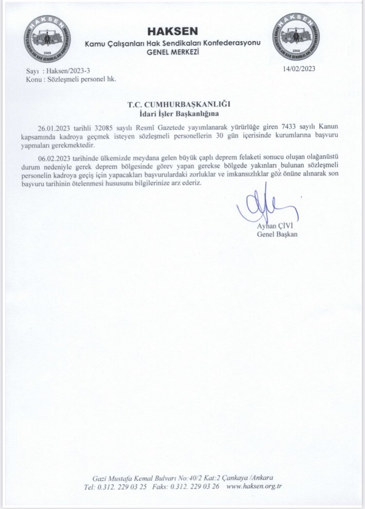 ayhancivi's tweet photo. Deprem bölgesinde görev yapan ve bölgede yakınları bulunan sözleşmeli personelin kadro başvuru tarihinin ötelenmesi için Cumhurbaşkanlığına başvurumuz. @tcbestepe https://t.co/O5LGtf1VeZ