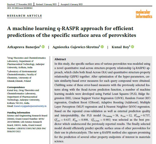krin2010's tweet photo. A machine learning q-RASPR approach for efficient predictions of the specific surface area of perovskites.
Molecular Informatics (Wiley, IF 4.05), 2023
https://t.co/DVOtuISMyn
From DTC Laboratory, Jadavpur University
#compchem #qspr #qRASPR #materialsscience #machinelearning https://t.co/ocq8epC9al