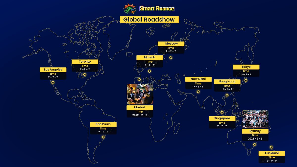 SmartFinanceNFT's tweet photo. 💥The #SmartFinance Global Roadshow has gotten off to great start so far in Madrid and Sydney!

👀Where and when will the next Roadshow take place?? Stay tuned to our social media for details!!

#Web3 #Roadshow #DeFi https://t.co/LOnZ5OiehU