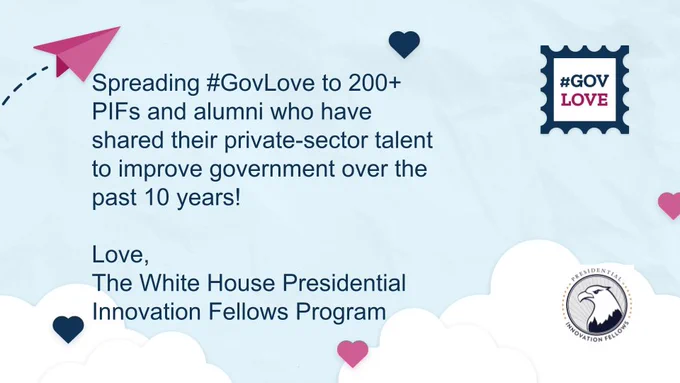 Illustrated graphic with heart symbols, a #GOVLOVE symbol and the Presidential Innovation Fellows logo around text reading, "Spreading #GovLove to 200+ PIFs and alumni who have shared their private-sector talent to improve government over the past 10 years! Love, The White House Presidential Innovation Fellows Program".