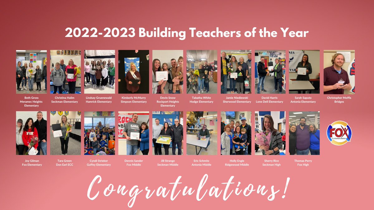 FoxC6Schools's tweet photo. Help us give a #FoxC6Strong CONGRATULATIONS to the 2022-2023 building teachers of the year and building/department support staff of the year. 

Learn more: https://t.co/hiRLvNn7PE https://t.co/chxS1JESqR