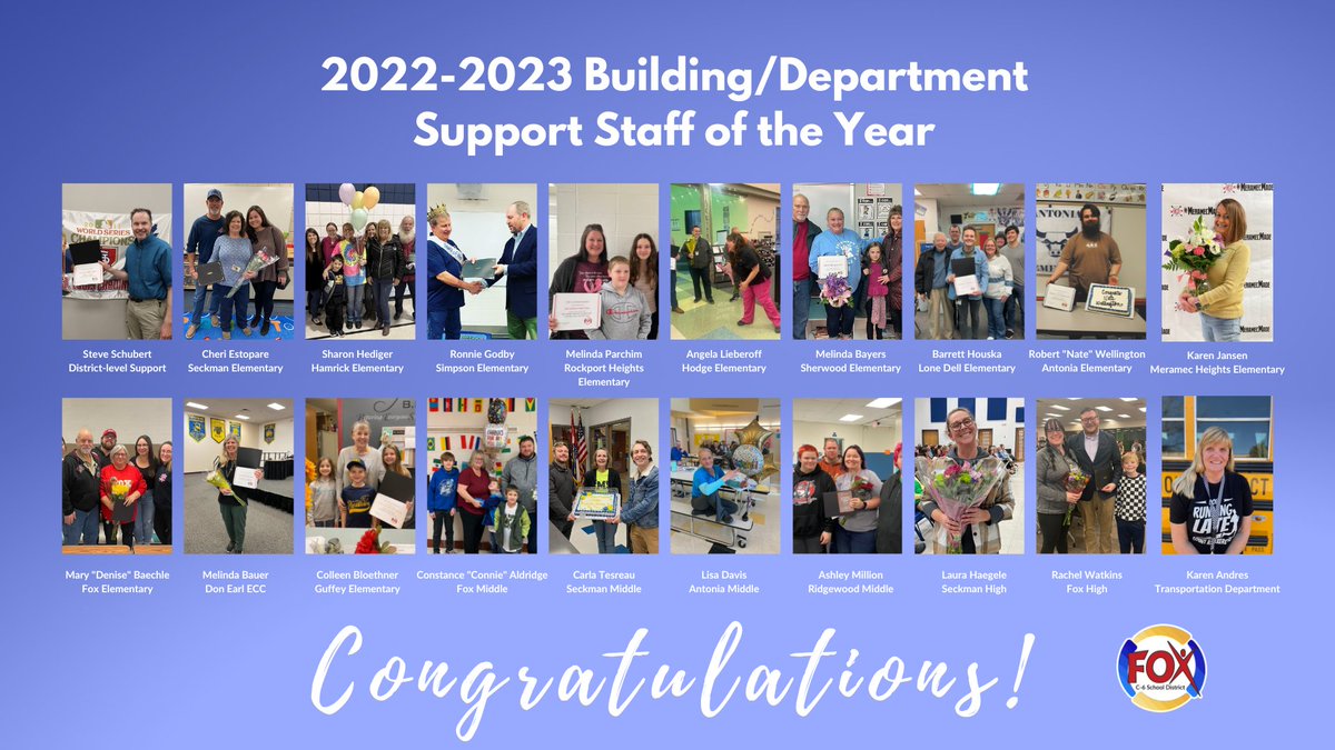 FoxC6Schools's tweet photo. Help us give a #FoxC6Strong CONGRATULATIONS to the 2022-2023 building teachers of the year and building/department support staff of the year. 

Learn more: https://t.co/hiRLvNn7PE https://t.co/chxS1JESqR